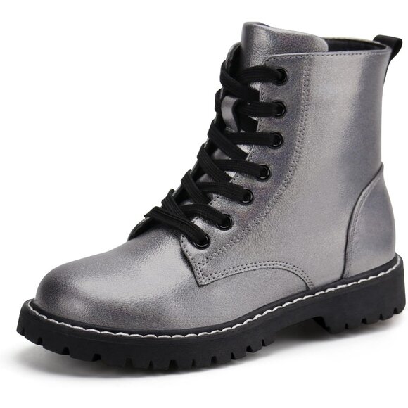 Kids Grey Ankle Boots Boys Girls Side Zipper Lace Up Work Boots Combat Boots - Picture 1 of 7